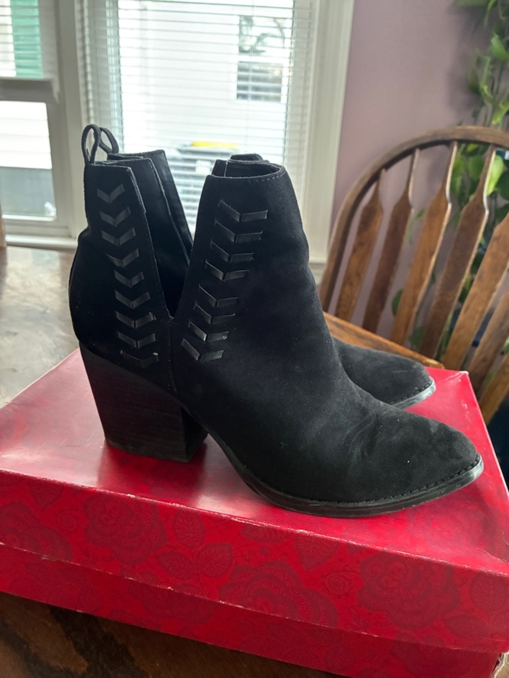 Carlos by Carlos Santana Black Suede Ankle Booties with Chevron Cutouts
